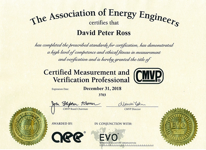 Pangolin Associates accreditation: certificate for David Ross, Measurement & Verification (M&V).