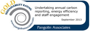 Pangolin Associates Sustainability Badge: Mater Hospital. Gold rating for carbon & energy management. (Image: badge.)