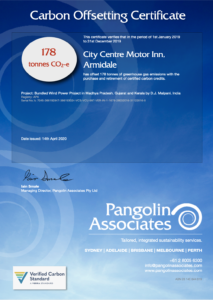 Carbon credit certificate for City Centre Motor Inn, Armidale NSW