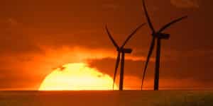 Wind turbines at sunset. Carbon offsetting project - China (Yumen County): CECIC HKC Gansu Changma Wind Power.
