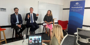 photo: Pangolin Associates MD Iain Smale speaking about Net-Zero and ESG, AusIndustry event 2023